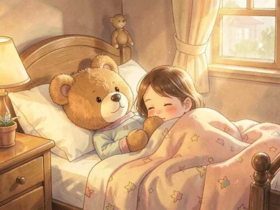 Teddy bear tucked in with child