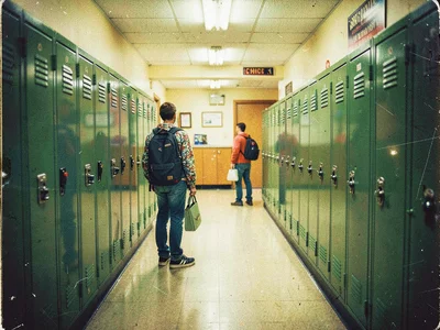 High school hallway from 1970s, lockers with combination locks but modern backpa