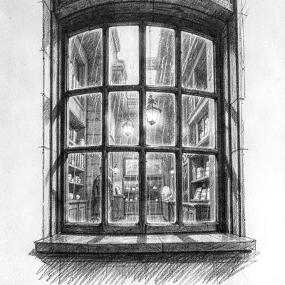 Vertical charcoal scene of a leaded window with rain blurring the lamplight beyo