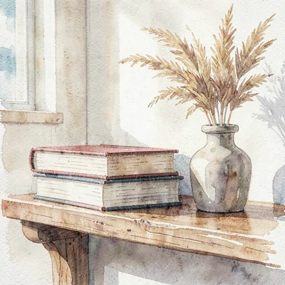 Watercolor of a wooden shelf with stacked songbooks and a small vase of dried gr