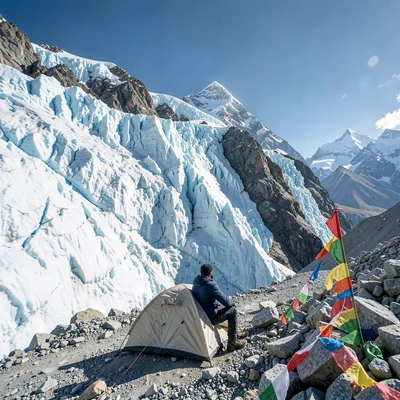 High altitude clarity of Kathmandu, Nepal, Climber resting at base camp, tent in