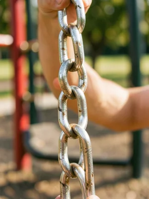 A swing chain polished mirror-bright where hands grip, each link worn smooth, th