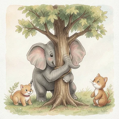 An elephant trying to hide behind a small tree, trunk wrapped around the trunk, 