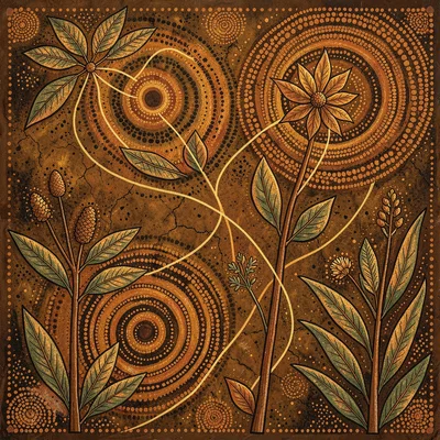 Indigenous Australian dot painting illustration, bush medicine plants with heali
