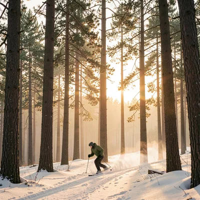 Vertical atmospheric story of a tall pine grove at dawn with a single skier carv
