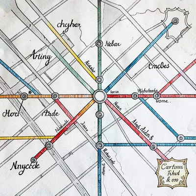 A subway-network map of an imaginary city with five colored lines crossing at ce