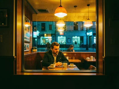 A night diner seen through its window: warm interior glow against the cold blue-