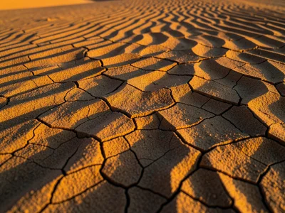 Sand surface after rain, dried crust cracking into polygonal tiles as moisture e