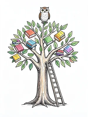 A tree of knowledge with books as leaves, a ladder leaning against it, an owl pe