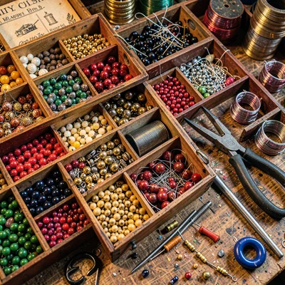 Densely layered composition, rich saturated colors, Jewelry makers bench with be