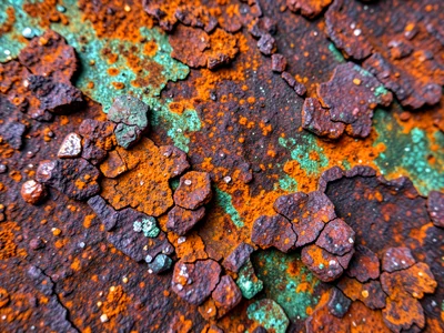 Iron surface with heavy orange rust, crystalline iron oxide formations creating 