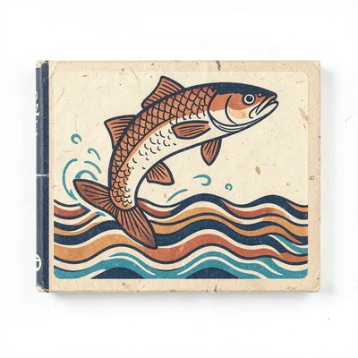 Czech matchbox label illustration, a fish leaping from stylized waves , vintage 