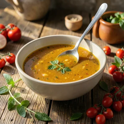Soup in bowl but soup surface is at 45-degree angle, spoon floating, impossible