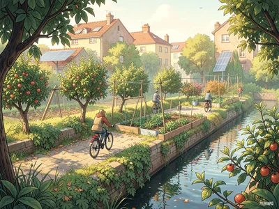 Canal-side path with productive orchards planted along the bank, cyclists passin