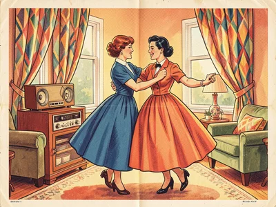A couple dancing in a living room, a hi-fi console playing, geometric curtains, 