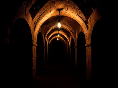 Wine cellar arches receding in repeating vaults, each bay swallowed by deeper sh