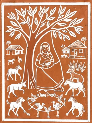 Mother nursing infant under a tree — animals and birds gathered around