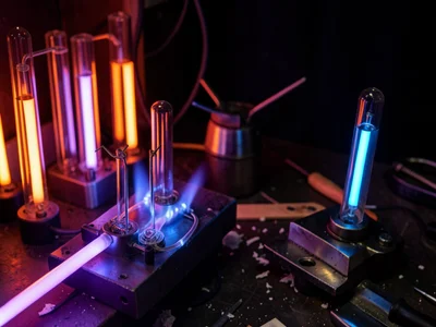 A neon bender's workshop: glass tubes, a bench burner, a finished piece cooling,