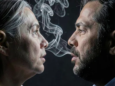 Breath between two people showing interaction and mixing