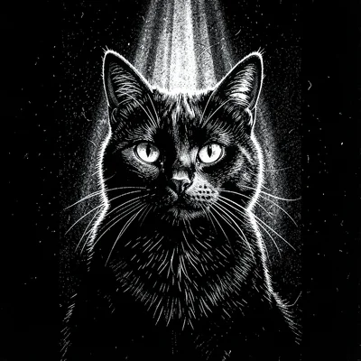 Black cat glowing eyes scratchboard