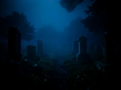 Light-leaked exposure of cemetery, ethereal color shifts, ghostly atmosphere