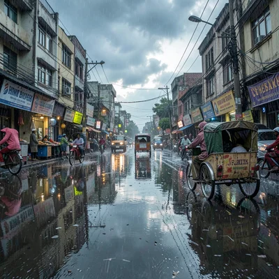 Kinetic density of Dhaka, Bangladesh, Monsoon sky reflected in flooded street, D