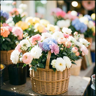 Market flowers in a wicker basket