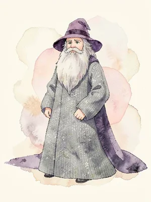 Robe-clad heather-grey knit wizard figure with a long mohair beard and a soft-pl