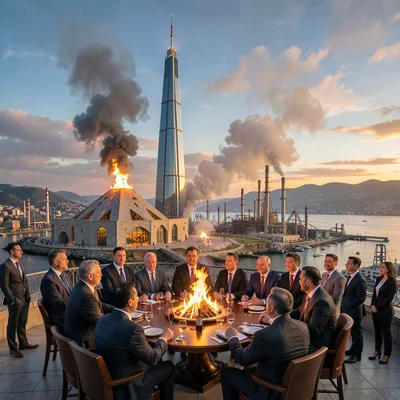 Oil-baron nouveau meeting Flame Tower modernity in windy Baku, zoroastrian fire 