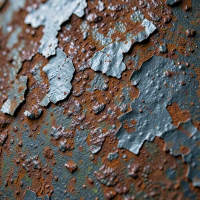 Rusty iron surface with flaking paint revealing rough metal beneath