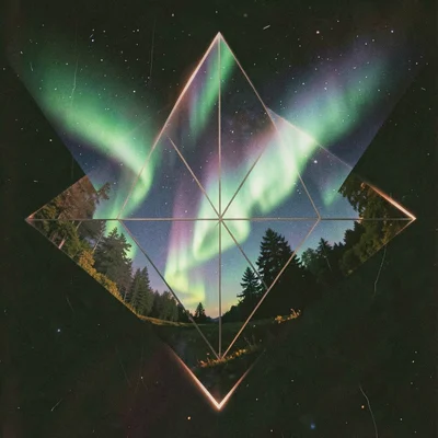 Intersecting triangles (Star of David shape) filled with northern lights, geomet