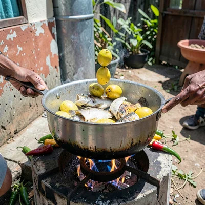 Documentary photograph with Jamaican yard aesthetic, Ackee and saltfish cooking 