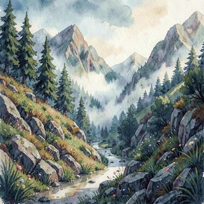 Painterly level-art concept of a misty mountain pass with hand-painted textures,
