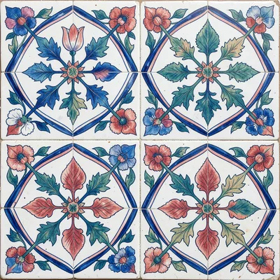 Four-petal rosette repeat tile — each petal a different floral motif in the same