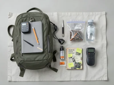 A field biologist's backpack contents on a canvas ground cloth — GPS unit, water
