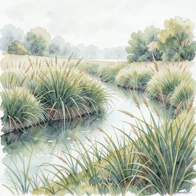 Dense painterly clumps of saw grass meet still tea-water at a quiet inlet curve 