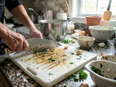 Scarred cutting board edge with fresh herb debris