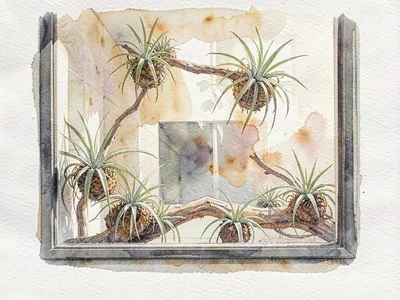 Painterly watercolor of the storefront window from inside, clusters of tillandsi
