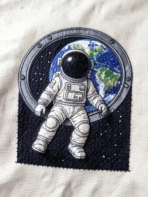 An astronaut floating in cross-stitched darkness, Earth visible through a portho