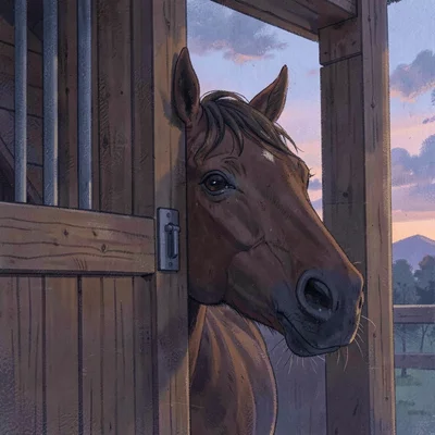 horse poking its head over a stall door at twilight