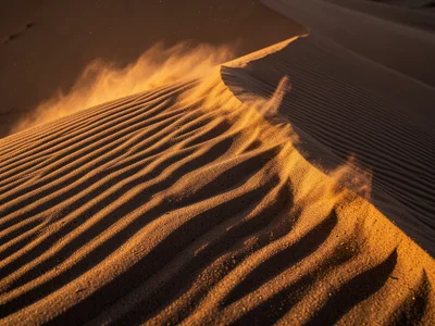 Dune crest line, sharp ridge with sand streaming off in wind, transition between