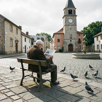 Quiet small town photography, contemplative scene, An elderly man reading a news