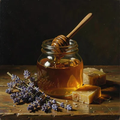 Jar of honey with dipper, surrounded by dried lavender and beeswax, warm amber t