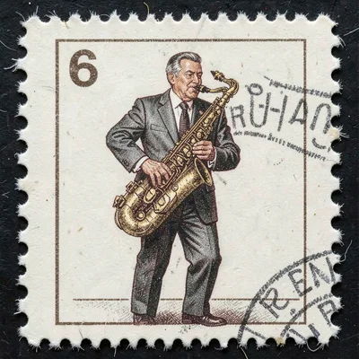 Postage stamp illustration, Jazz musician with instrument , tiny perfect composi