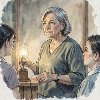 A gentle Latina museum docent in her sixties guiding a small group with a steady