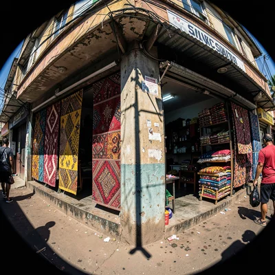 Harsh equatorial noon light casting deep shadows, Fabric shop with colorful anka