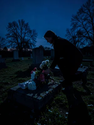 Someone placing flowers on a grave during blue hour, their shadow stretching imp