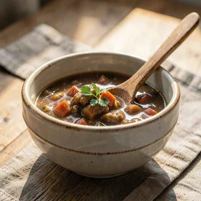 Warm still-life of a single ceramic bowl of hearty stew with a wooden spoon, sof