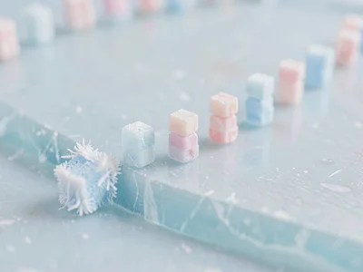 Hoar-fringe pillars marching along the edge of a pale blue ice plate, each pilla