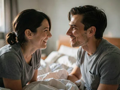 Couple waking facing each other, the first smile, morning breath be damned, the 